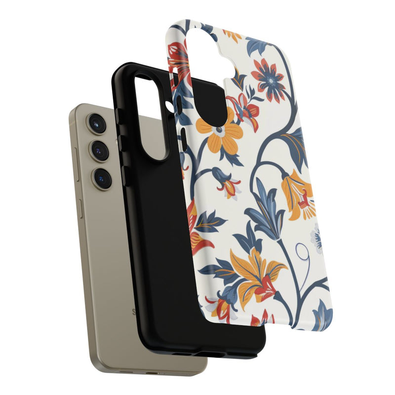Retro Bloemenpatroon in Blauw, Rood en Geel