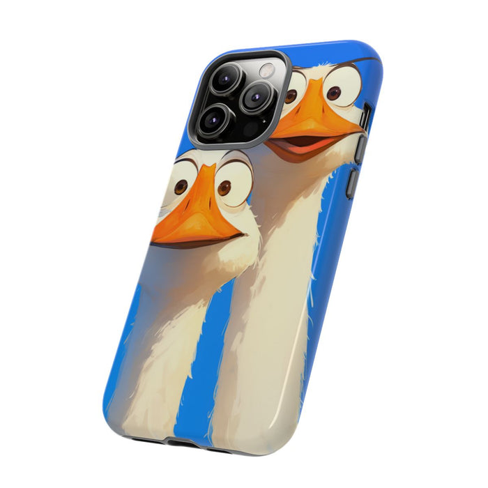 Twee Grappige Ganzen met Grote Ogen op Blauwe Achtergrond