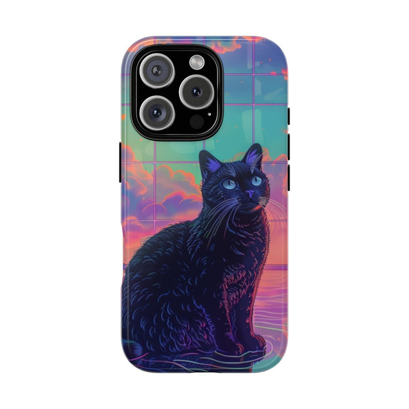 Zwarte Kat met Neonlucht Reflectie