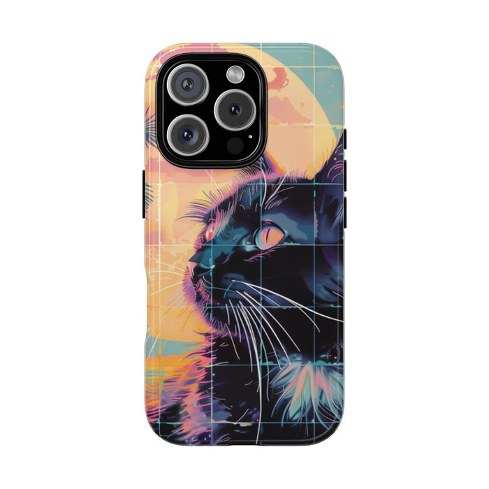 Lofi Vaporwave Kat met Zonsondergang en Palmen