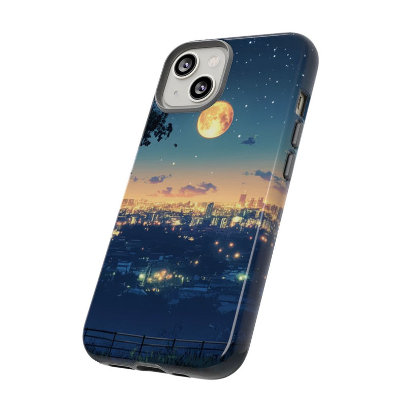 Stad bij Nacht met Sterrenhemel en Volle Maan