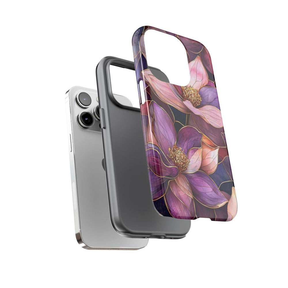 Paarse Magnolia Bloemen in Glas-in-lood