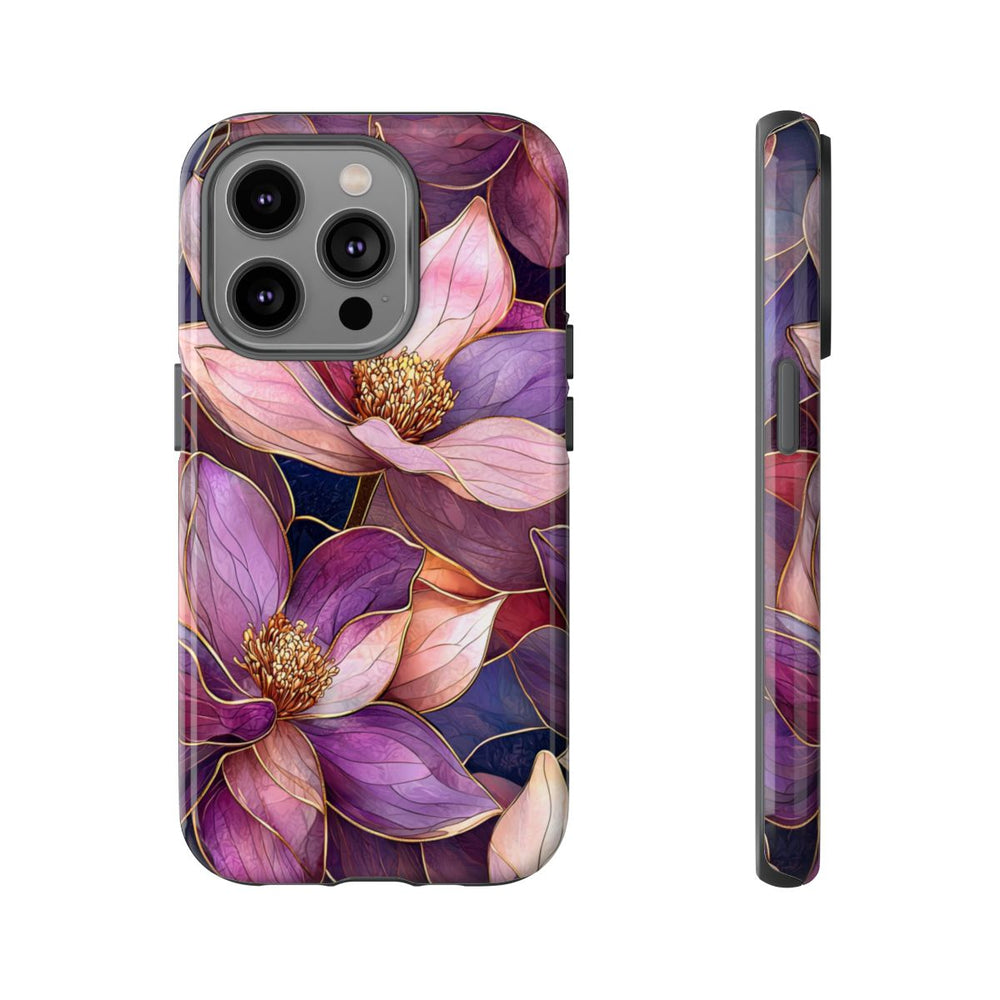 Paarse Magnolia Bloemen in Glas-in-lood