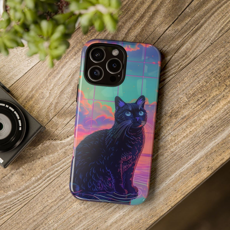 Zwarte Kat met Neonlucht Reflectie