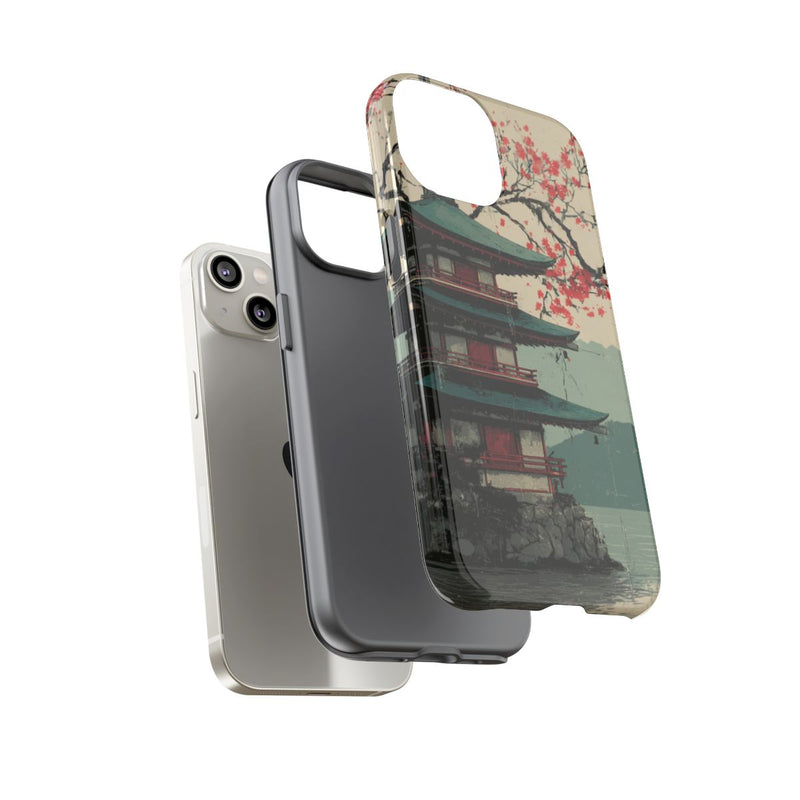 Pagode met Kersenbloesem en Rode Zon