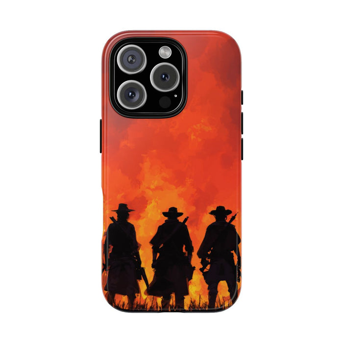 Silhouetten van Drie Cowboys bij Vurige Zonsondergang