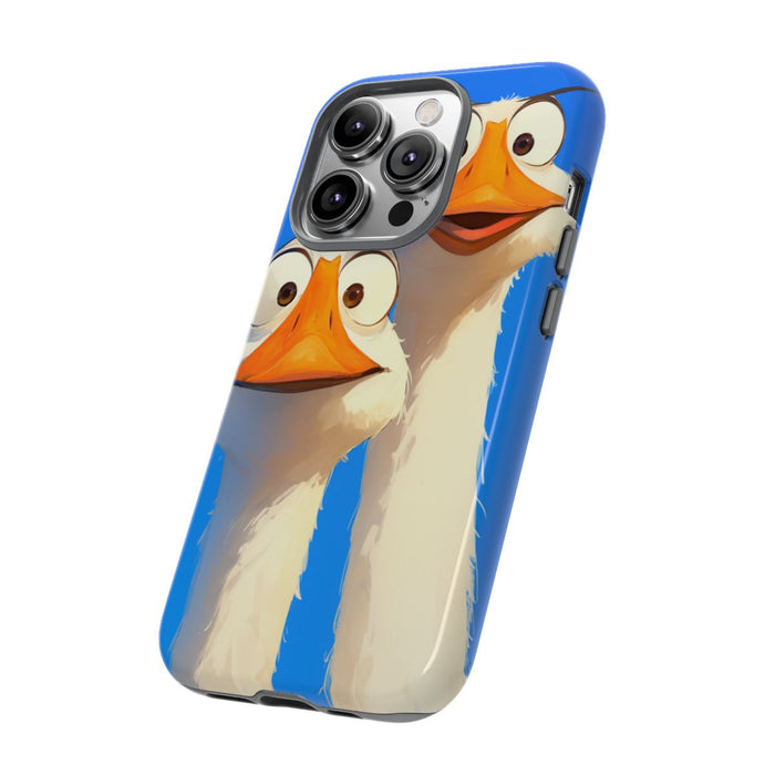 Twee Grappige Ganzen met Grote Ogen op Blauwe Achtergrond