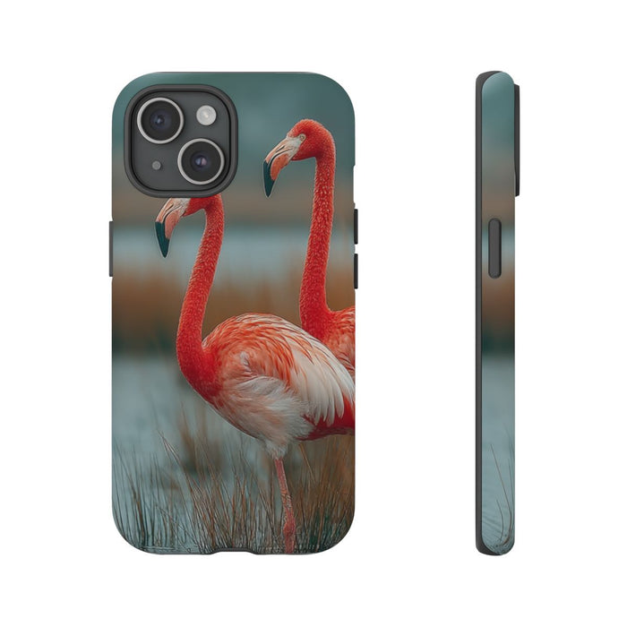 Drie Flamingo’s bij Water en Riet