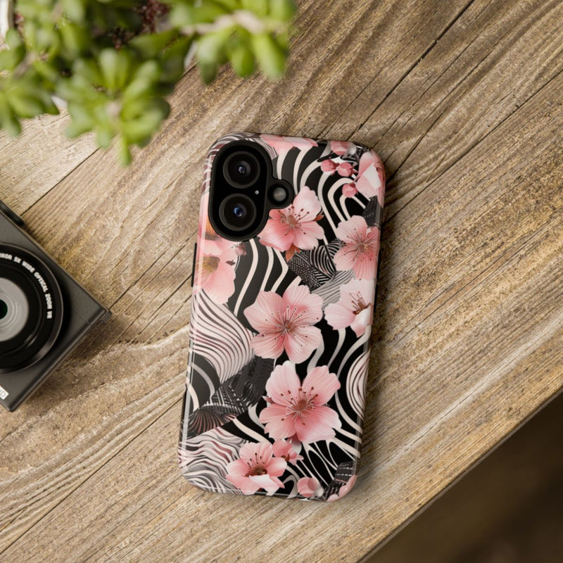 Roze Kersenbloesems met Zwart-Wit Abstract Patroon