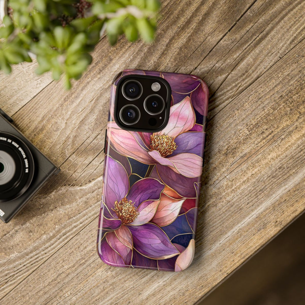 Paarse Magnolia Bloemen in Glas-in-lood