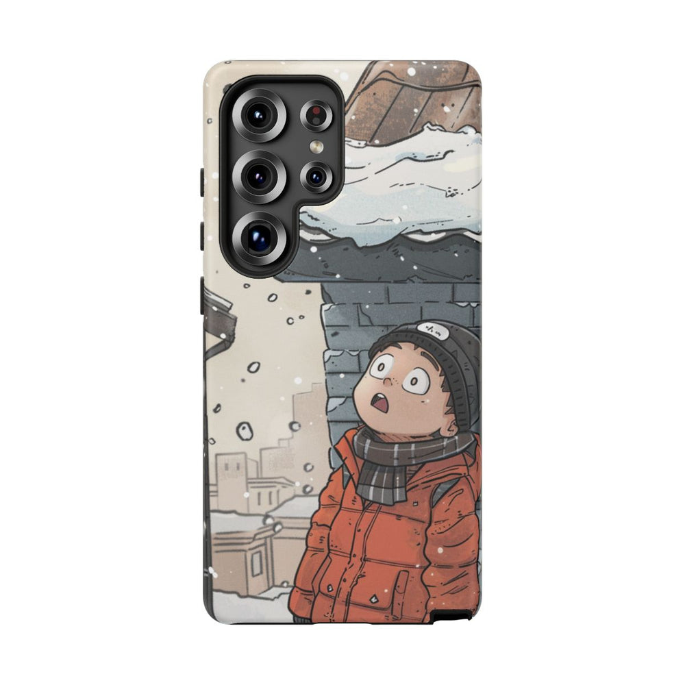 Chibi Man met Winterjas Kijkt Naar Besneeuwd Dak