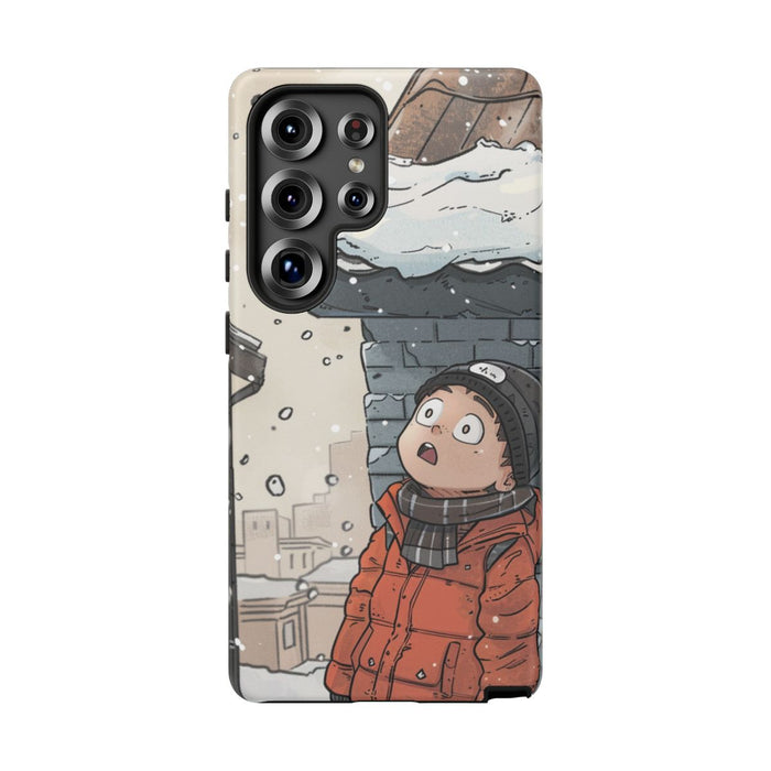Chibi Man met Winterjas Kijkt Naar Besneeuwd Dak