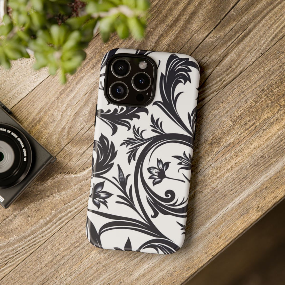 Zwart-Wit Bloemmotief met Sierlijke Krullen