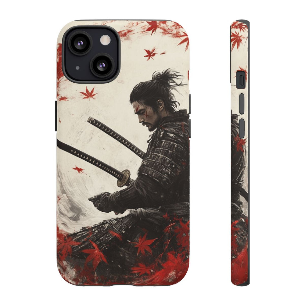 Samurai met Twee Katana's en Rode Esdoornbladeren