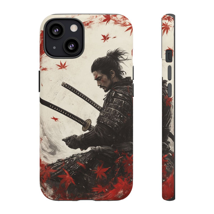 Samurai met Twee Katana's en Rode Esdoornbladeren