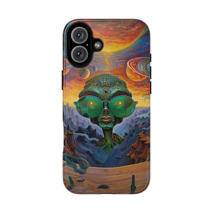 Groene Alien met Zonnebril in Psychedelisch Ruimtelandschap