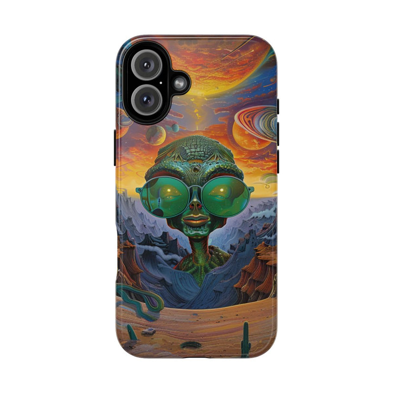Groene Alien met Zonnebril in Psychedelisch Ruimtelandschap