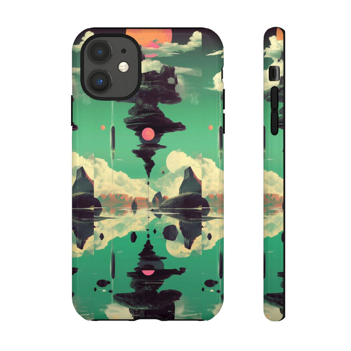 Surrealistisch Zwevende Rotsformatie met Roze Zonnen