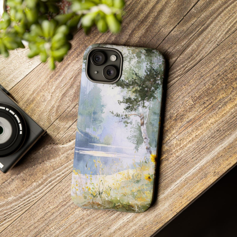 Gele Zonnebloemen bij een Bosmeer