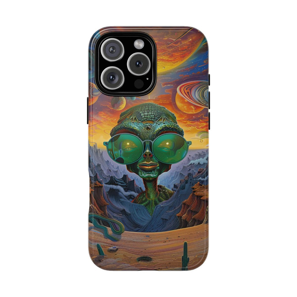 Groene Alien met Zonnebril in Psychedelisch Ruimtelandschap