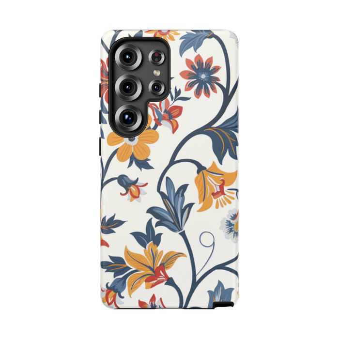 Retro Bloemenpatroon in Blauw, Rood en Geel