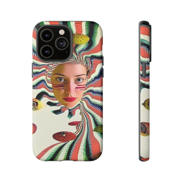 Surrealistisch Vrouwenportret met Kleurrijke Strepen en Zwevende Vormen