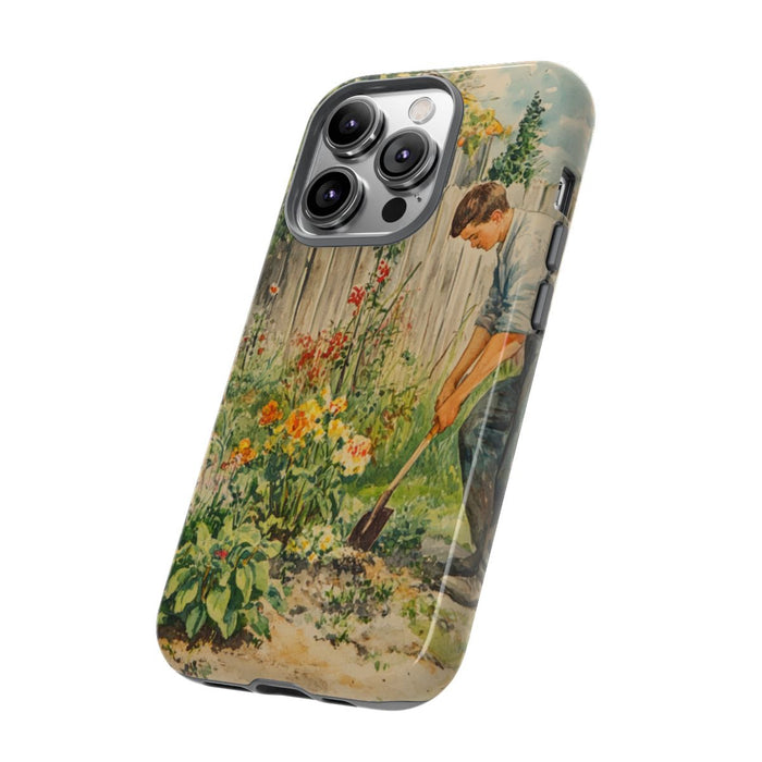 Jonge Man aan het Tuinieren tussen Bloemen