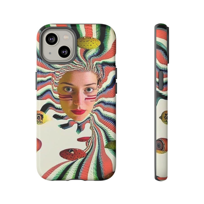 Surrealistisch Vrouwenportret met Kleurrijke Strepen en Zwevende Vormen
