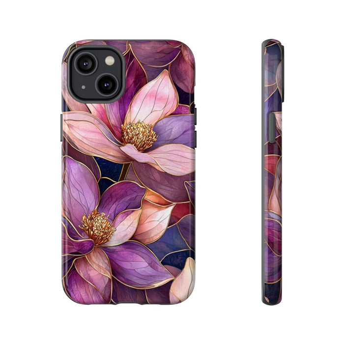 Paarse Magnolia Bloemen in Glas-in-lood