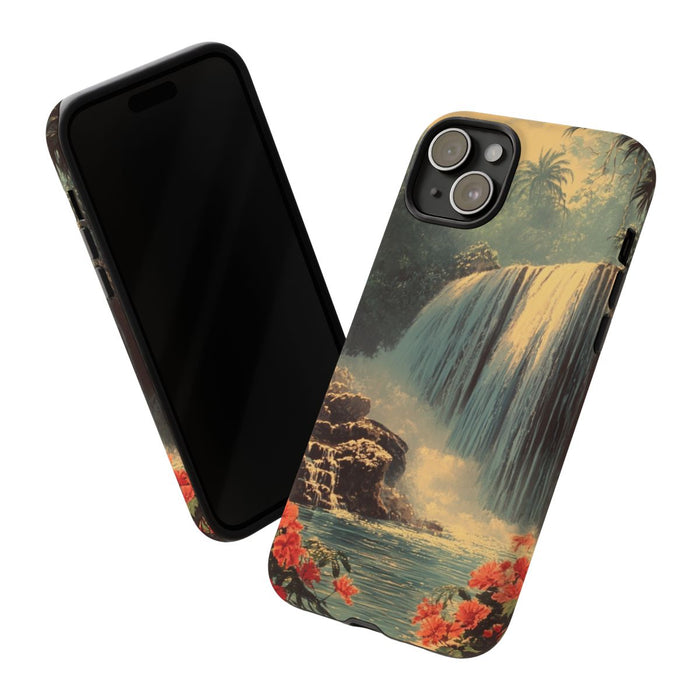Tropische Waterval met Rode Bloemen