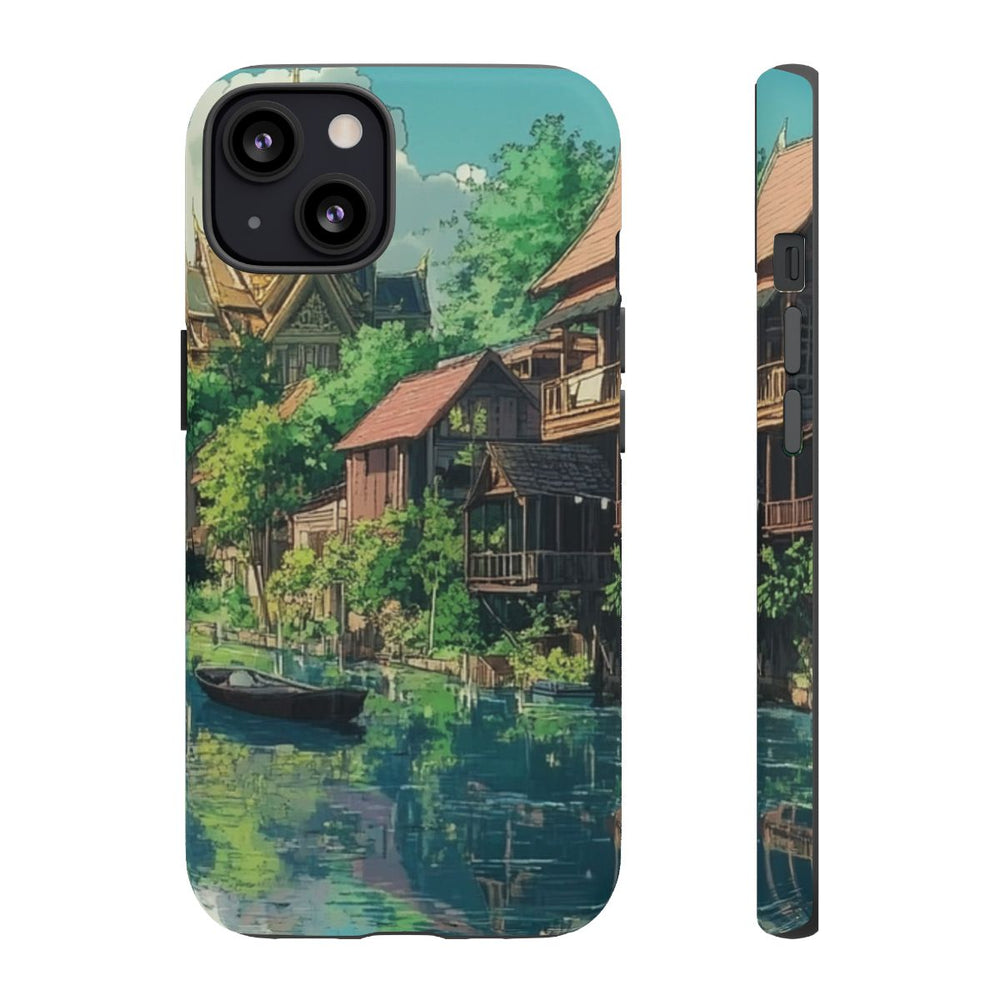 Kanaaltafereel met Traditionele Huizen en Boten