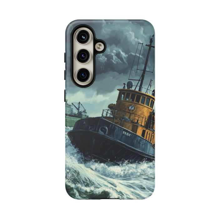 Sleepboot Sleept Vrachtschip in Stormachtige Zee