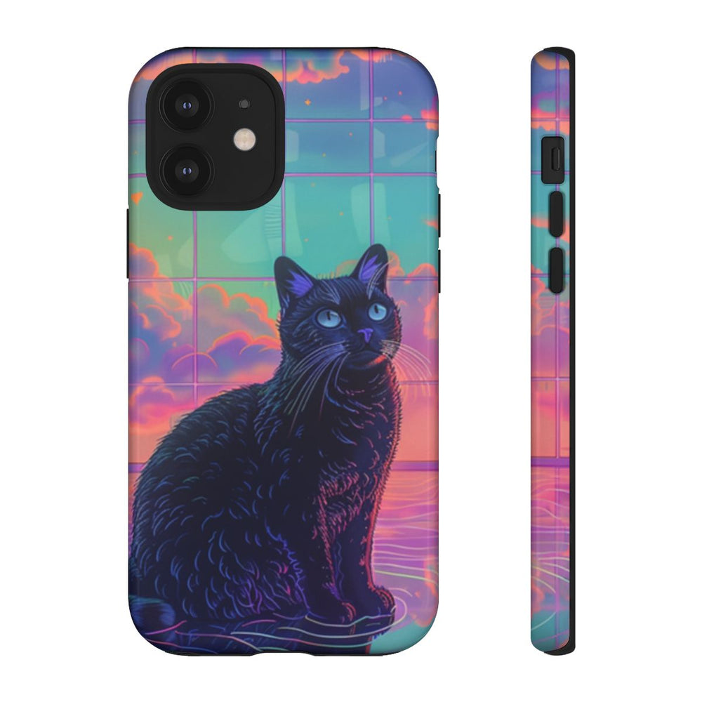 Zwarte Kat met Neonlucht Reflectie