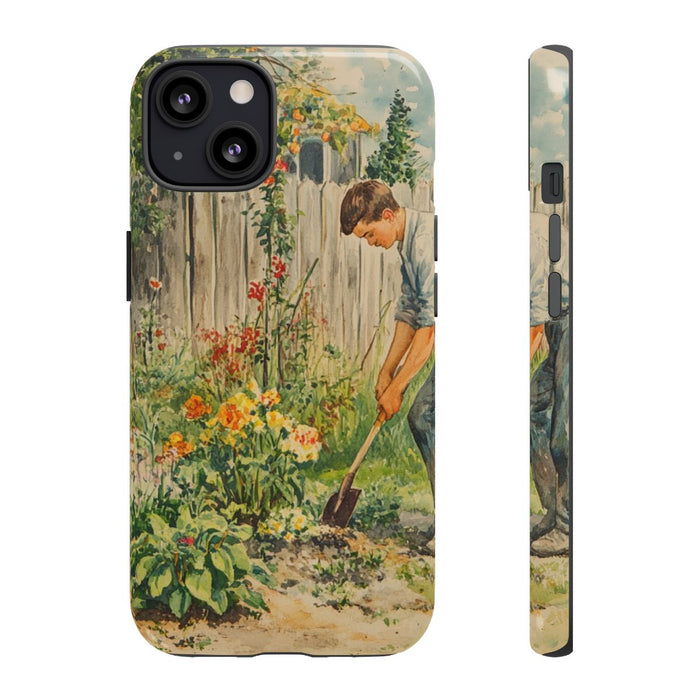 Jonge Man aan het Tuinieren tussen Bloemen