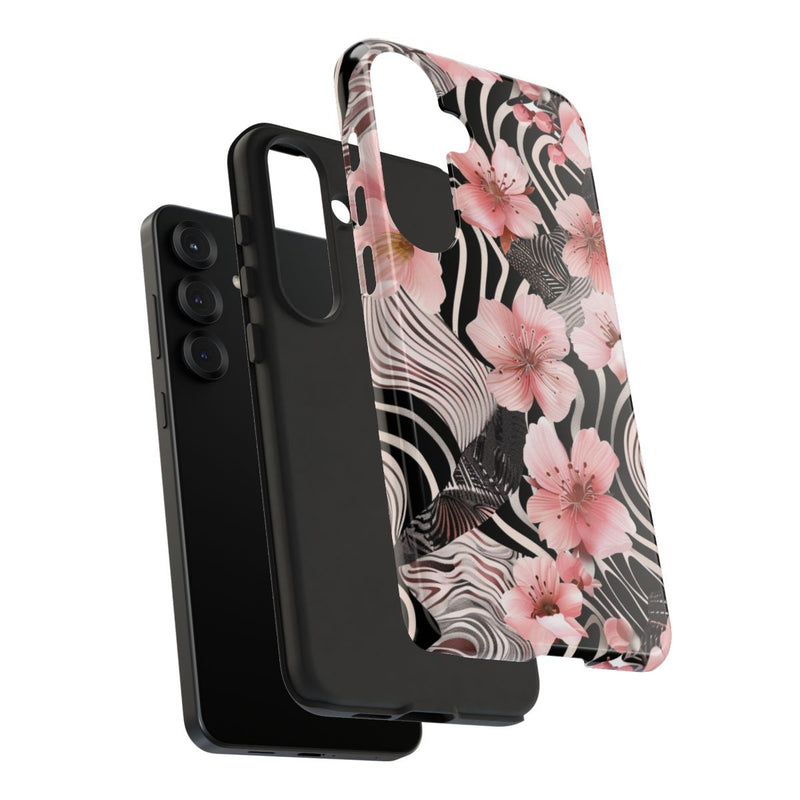Roze Kersenbloesems met Zwart-Wit Abstract Patroon