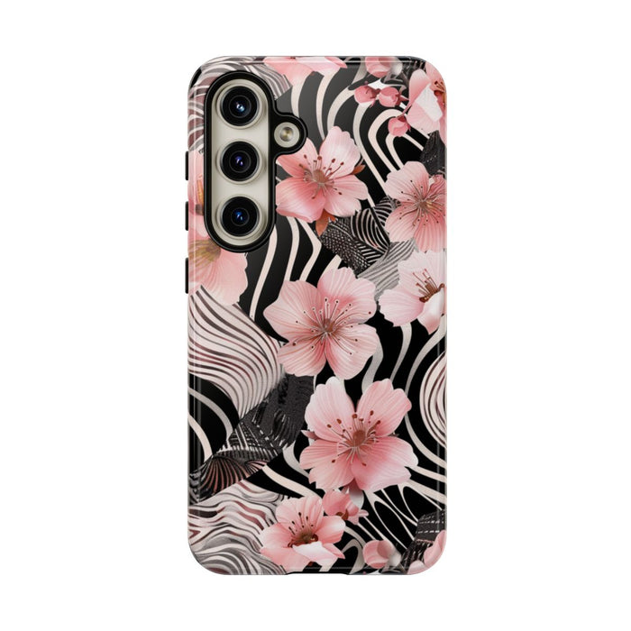 Roze Kersenbloesems met Zwart-Wit Abstract Patroon