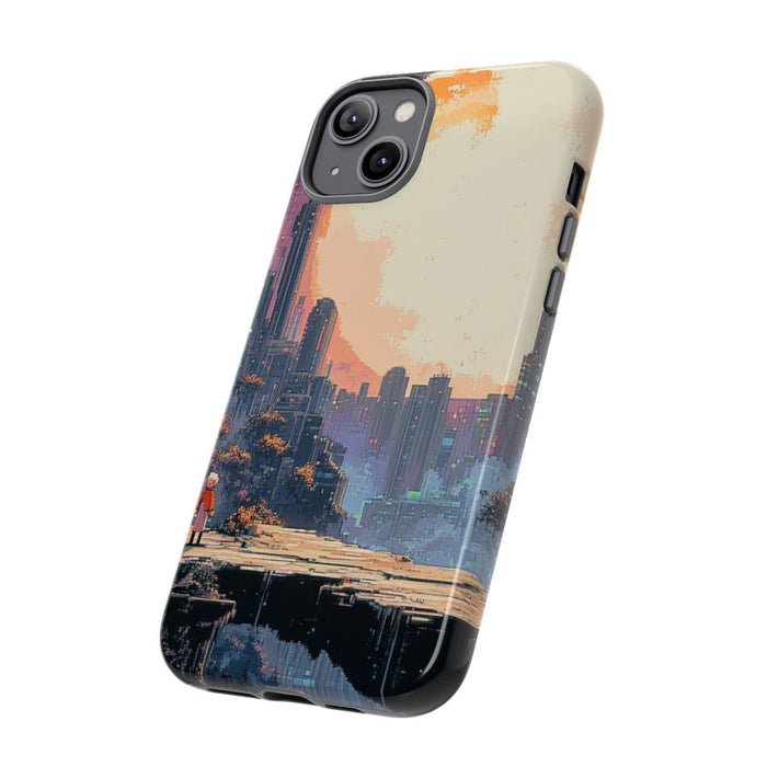 Pixel Art Stadsgezicht met Grote Maan