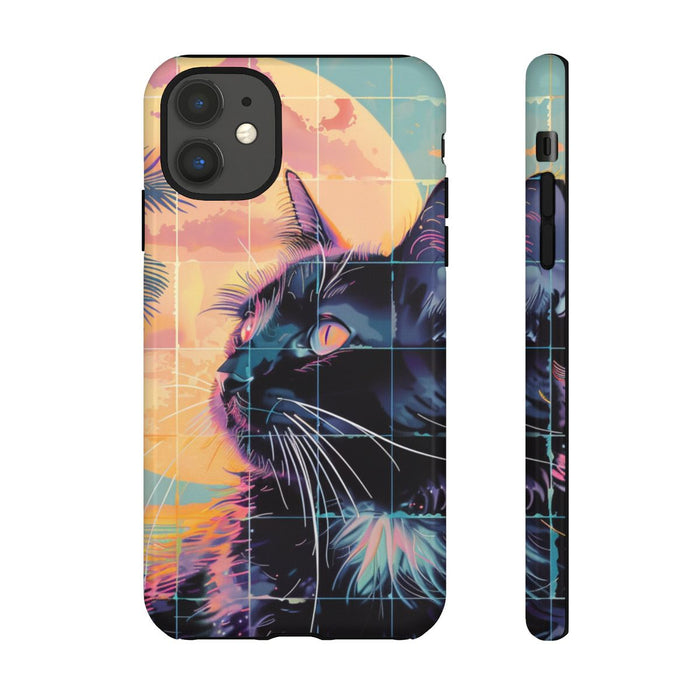 Lofi Vaporwave Kat met Zonsondergang en Palmen