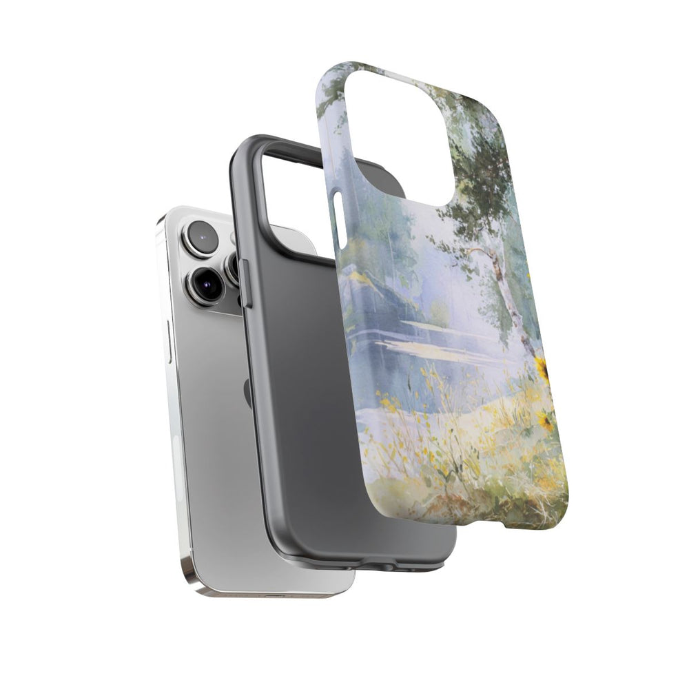 Gele Zonnebloemen bij een Bosmeer