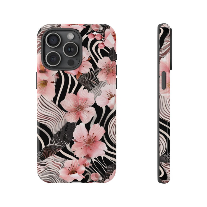 Roze Kersenbloesems met Zwart-Wit Abstract Patroon