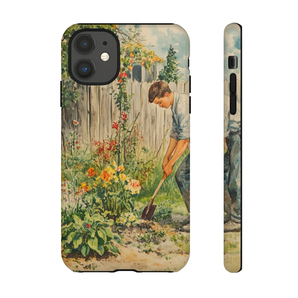 Jonge Man aan het Tuinieren tussen Bloemen