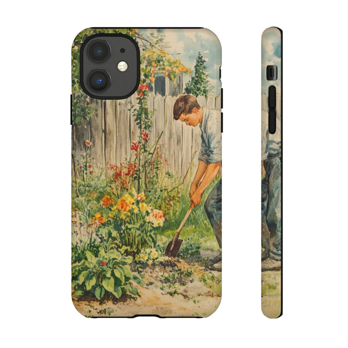 Jonge Man aan het Tuinieren tussen Bloemen