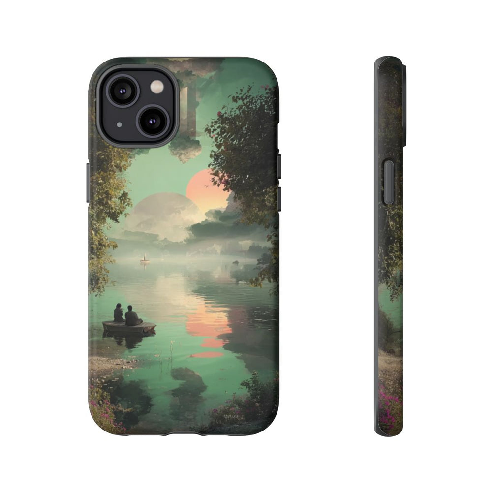 Sprookjesachtig Meerlandschap bij Zonsondergang met Twee Personen in Boot