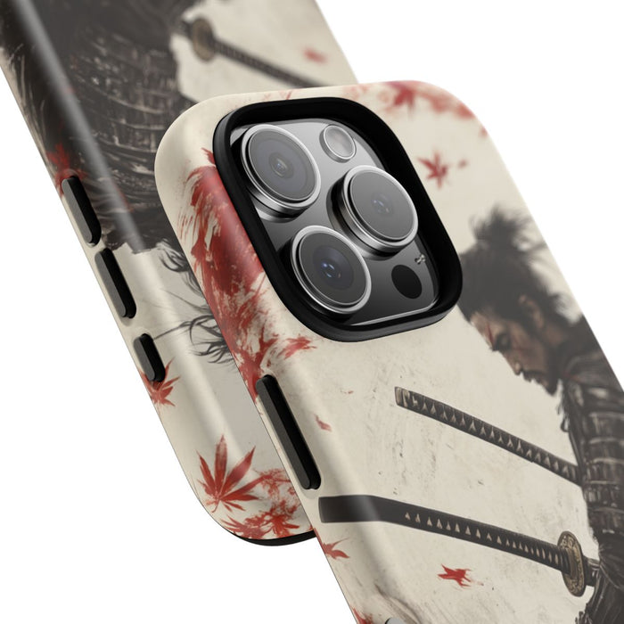 Samurai met Twee Katana's en Rode Esdoornbladeren