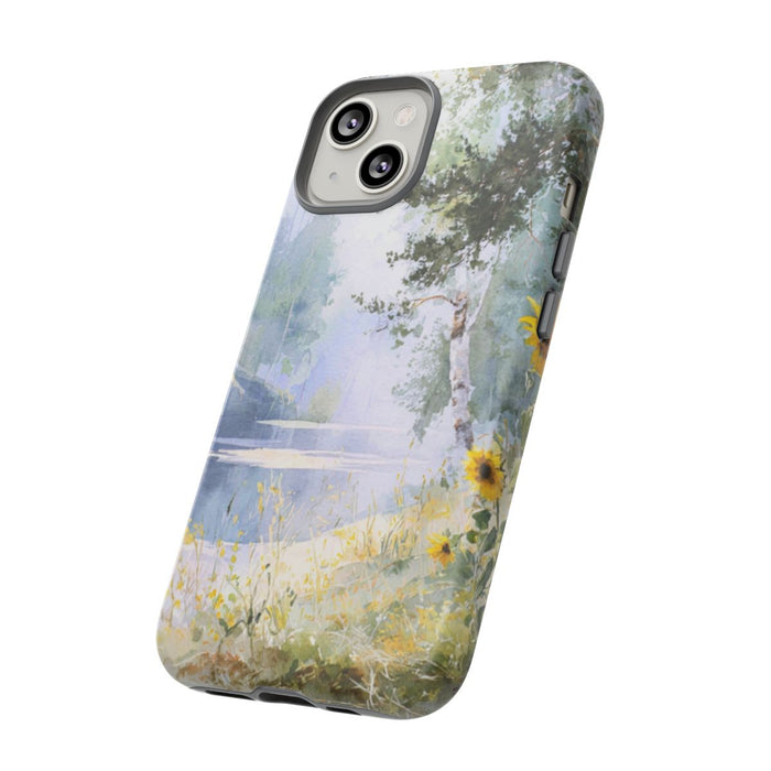 Gele Zonnebloemen bij een Bosmeer