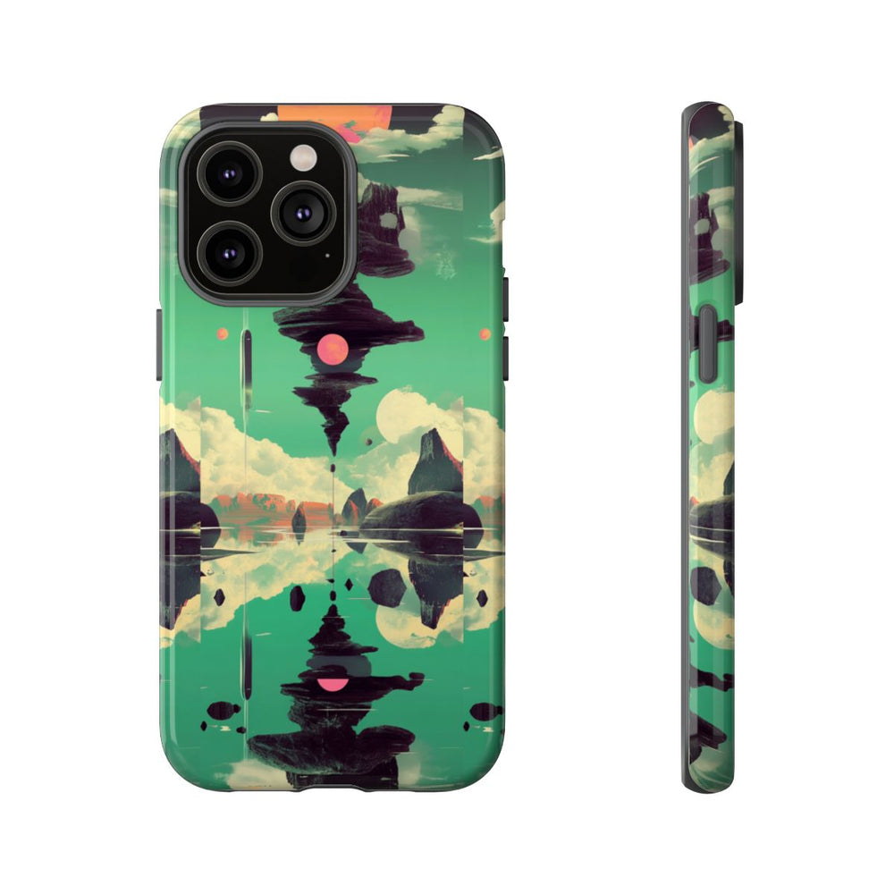 Surrealistisch Zwevende Rotsformatie met Roze Zonnen