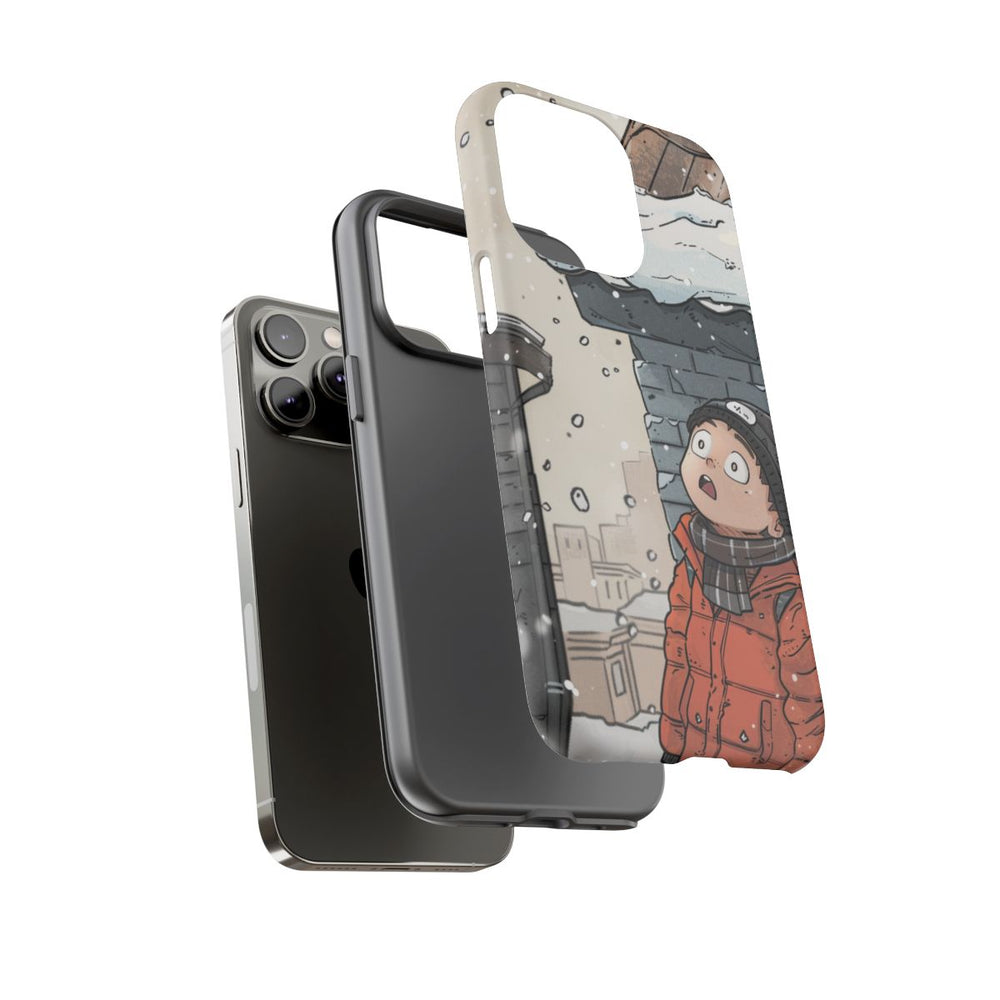 Chibi Man met Winterjas Kijkt Op naar Besneeuwd Dak