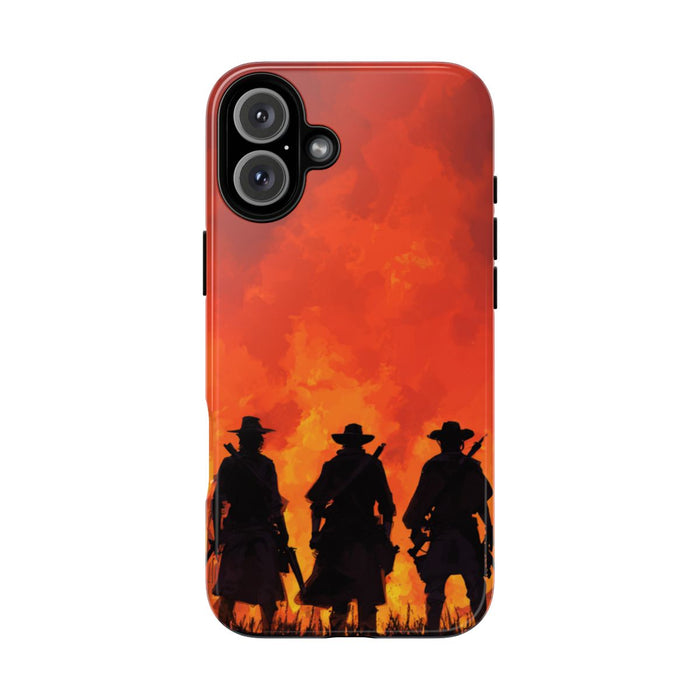 Silhouetten van Drie Cowboys Tegen Vurige Zonsondergang
