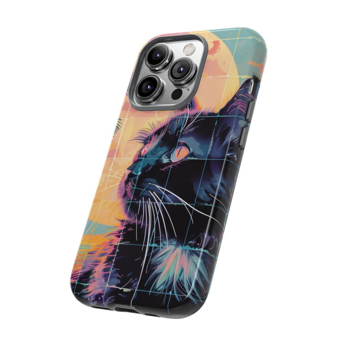 Lofi Vaporwave Kat met Zonsondergang en Palmen