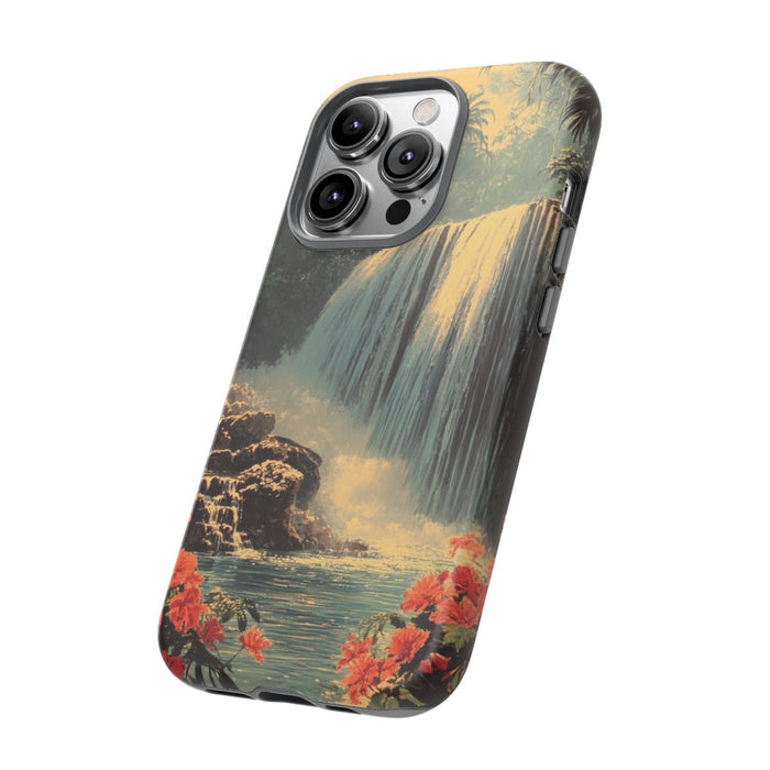 Tropische Waterval met Rode Bloemen